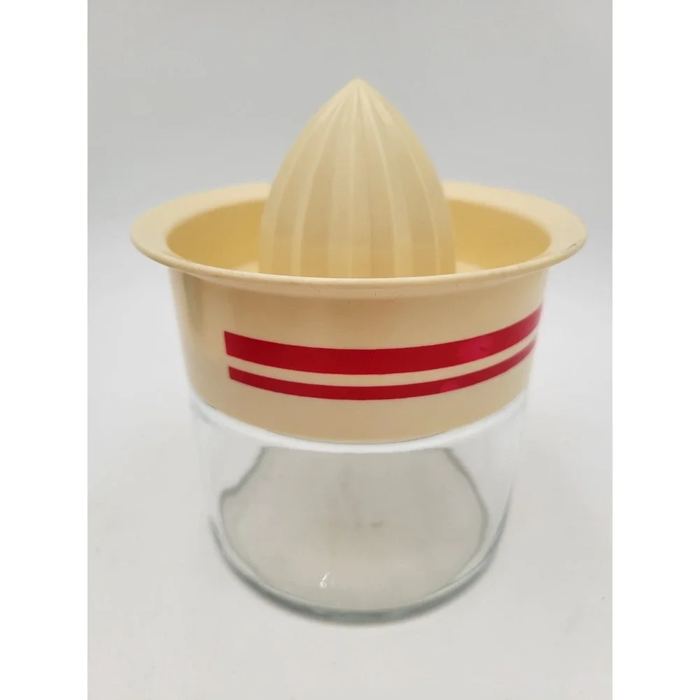 Gemco USA Manual Citrus Lemon Orange Juicer Glass Jar Plastic Lid Stripes